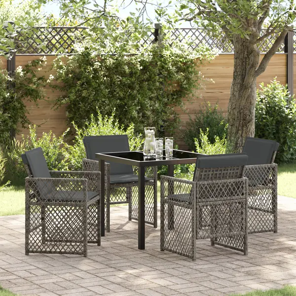 Set dining gradina Gossi cu 5 piese si perne gri ratan poli, masa gradina Gossi neagra 80x80x73 cm sticla temperata