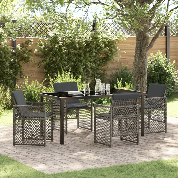 Set dining gradina Gossi cu perne gri din poly ratan, masa gradina Gossi neagra 160x80x73 cm din sticla securizata