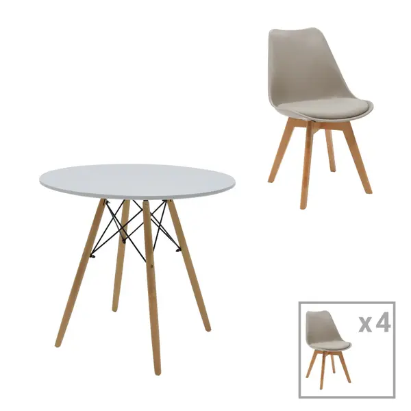 Set dining Julita-Gaston, 5 piese, Gri-Alb-Natural, 80x80x73 cm