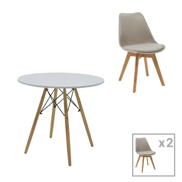 Set dining Julita-Gaston, Pako World, MDF, 3 piese, Gri-Alb-Natural, 80x80x73 cm