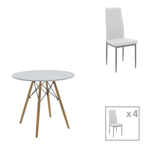Set dining Julita-Parker, 5 piese, Alb-Natural, 80x80x73 cm