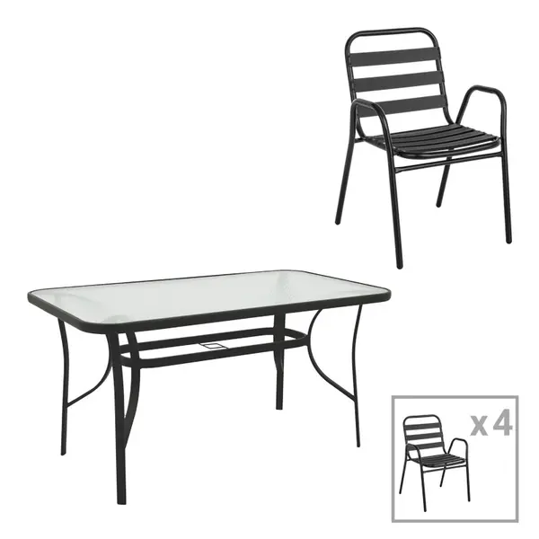 Set dining Sussie-Ensure, Pako World, Metal, Sticla, Negru, 140x80x70 cm