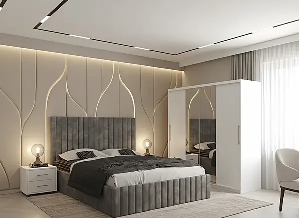 Set dormitor Cairo Gri cu Dulap Londra 200 Alb
