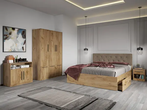 Set dormitor complet Stejar Auriu cu comoda - Madrid - C02