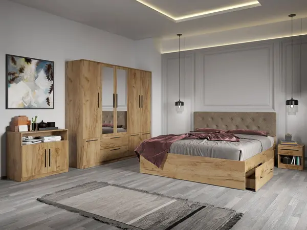 Set dormitor complet Stejar Auriu cu comoda - Madrid - C20