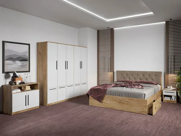 Set dormitor complet Stejar Auriu cu comoda - Madrid - C82