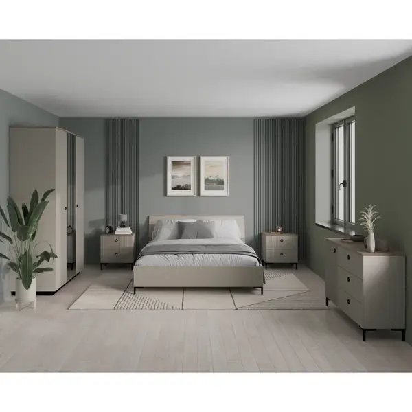 Set dormitor DOMINICA, 5 piese, pat cu somiera rabatabila 160x200 cm, dulap 3 usi cu oglinda, comoda, 2 noptiere, taupe + stejar silverjack
