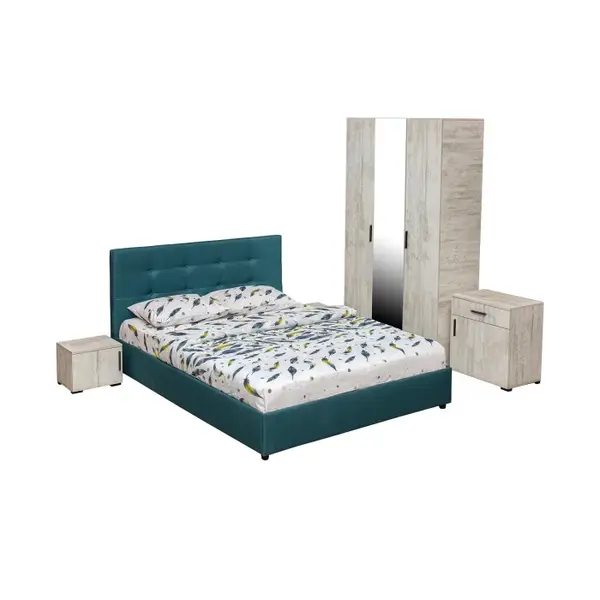Set dormitor ECONO, 5 piese, pat 160x200 cm, dulap 3 usi, comoda, 2 noptiere, pin antichizat + turcoaz