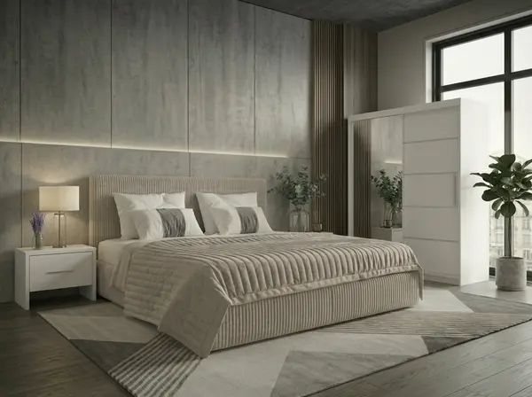Set dormitor Malibu Bej cu dulap Atlantic 150 cm Alb