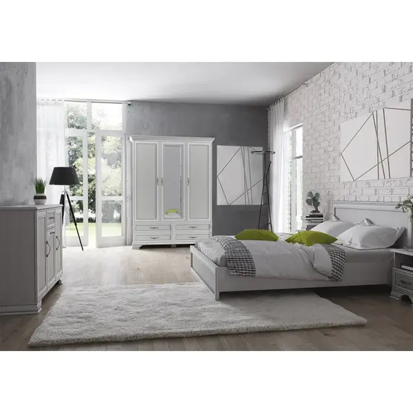 Set dormitor TIFFANY II, 5 piese, pat 160x200 cm, dulap 3 usi si 4 sertare, comoda, 2 noptiere, crem fineline