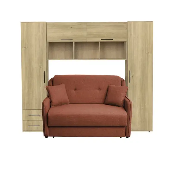 Set dormitor tineret YASMIN M1, 3 corpuri, stejar Belfast, 238x50x200 cm + Canapea GALA extensibila, 2 locuri, caramiziu, 143x98x98 cm