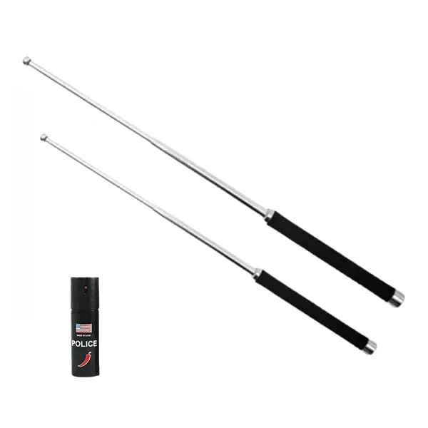 Set doua bastoane telescopic pliabile si spray paralizant chili DEPOX , 51 cm 65 cm 60 ml, argintiu