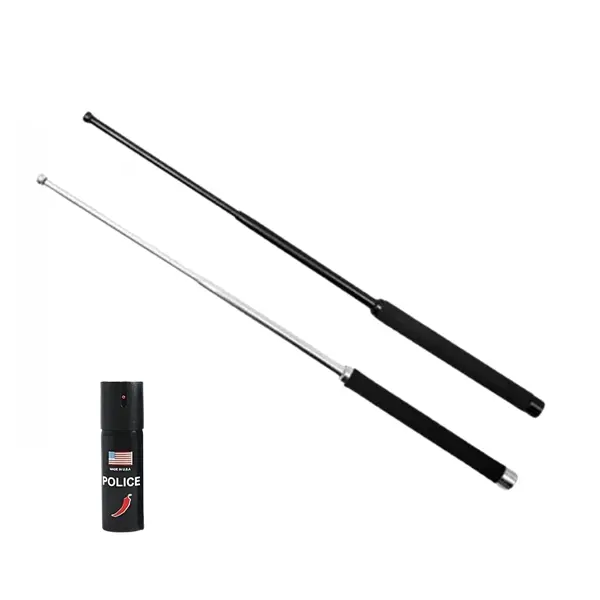 Set doua bastoane telescopice pliabile si spray paralizant chili DEPOX , 64 cm 65 cm 60 ml , argintiu negru