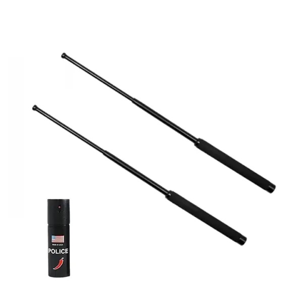 Set doua bastoane telescopice pliabilesi spray paralizant chili, DEPOX , 51 cm 60 ml, maner antiderapant, negru