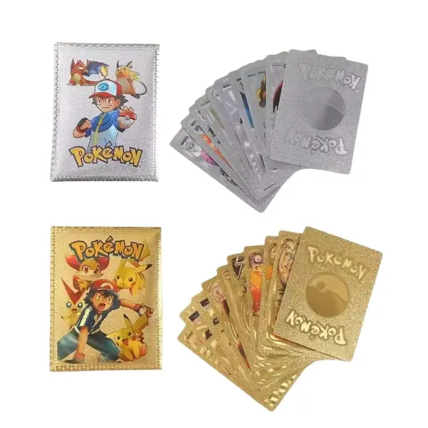 Set doua pachete cartonase Pokemon Gold GTX si Silver GTX, editie de colectie, 55 bucati, aurii argintii