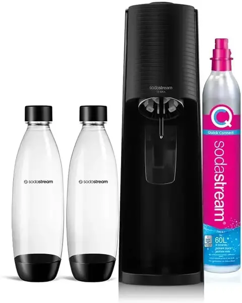 Set dozator de apa cu 2 sticle de apa SodaStream Terra, 1 l, Aluminiu/Sticla (Transparent/Negru)