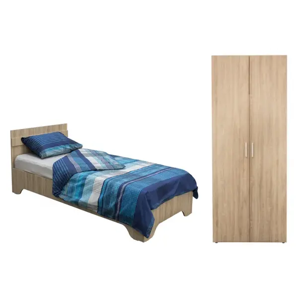 Set dulap ALMA 2 usi, 5 rafturi, sonoma, 80x52x203 cm si pat ALMA cu picioare, 90x200 cm, sonoma deschis