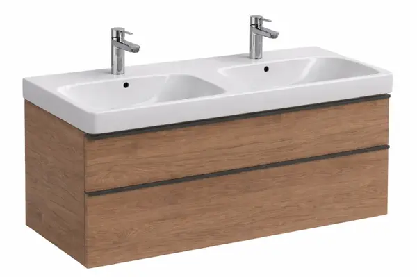 Set dulap baie suspendat 120 cm, nuc, 2 seratre si lavoar dublu, alb, Geberit Smyle Square