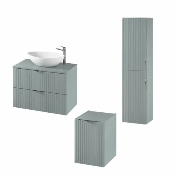 Set dulap baie suspendat 2 sertare cu blat inclus, dulap baie suspendat si dulap baie tip coloana, culoare fiord mat, MDF,Cersanit Tirso