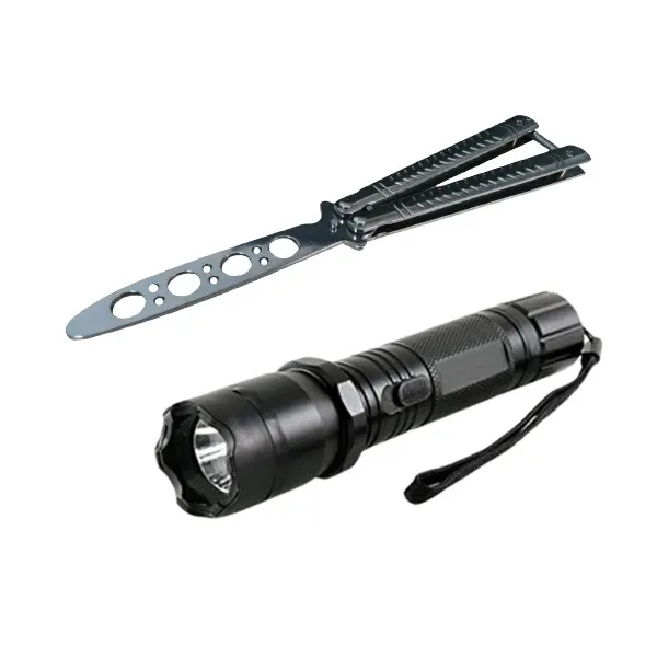 Set Electrosoc Lanterna tip Police 1000KV si Briceag fluture de antrenamen, 22 cm, argintiu