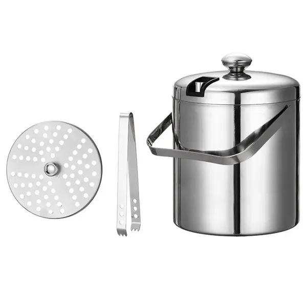 Set Frapiera pentru Gheata NewEvo cu Pereti Dubli, Sita, Capac, Maner si Cleste, INOX, 1.3L, 20x14.5cm, Argintiu