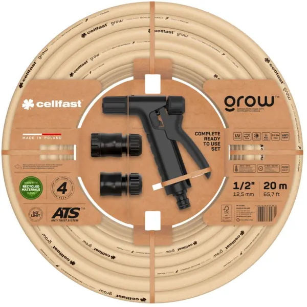 set furtun pentru gradina cellfast grow 1 2 20m, protectie uv, antirasucire, pistol stropire, conectori, materiale reciclate