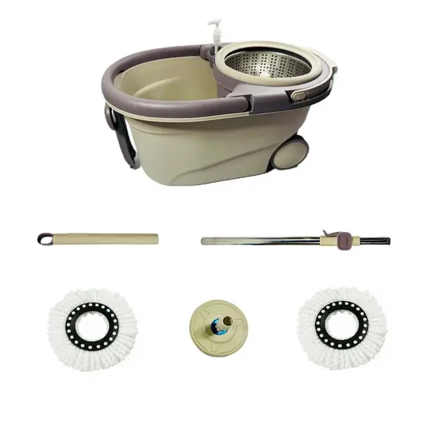 Set galeata pe roti cu storcator si mop rotativ PAA-home®, coada mop metal telescopica, 360 grade rotatie mop, cos stoarcere detasabil cu recipient de