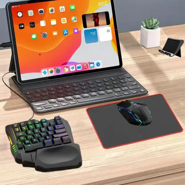 Set Gaming telefon complet 5 in 1 cu tastatura Iluminata RGB, emulator jocuri telefon, mouse gaming, suport telefon Inclus, mouse pad Inclus, Wireless, cu inteligent Spray control, compatibil Android