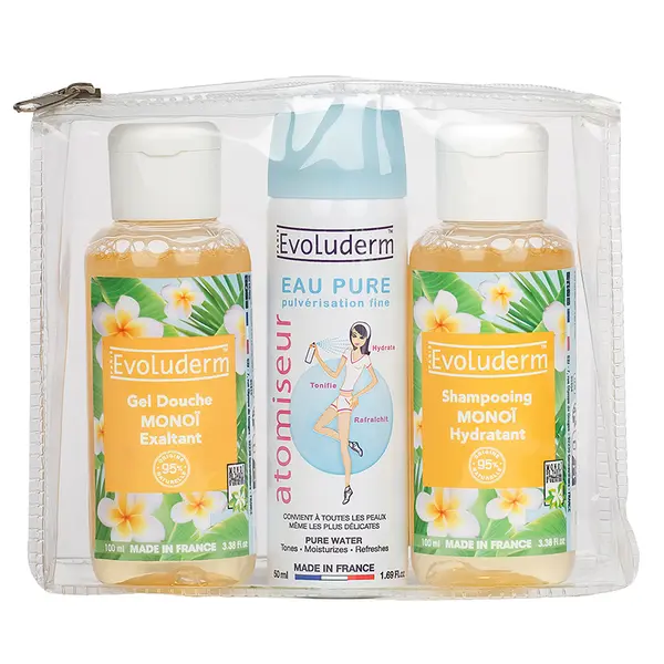 Set Gel de dus 100ml + Spray apa pura 50ml + Sampon 100ml, Evoluderm