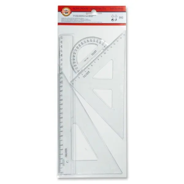 Set Geometrie Mare Cristal, Rigla, 2 Echere si Raportor, Koh-I-Noor