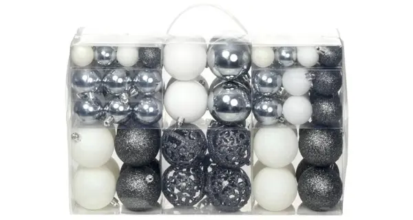 Set globuri de Craciun 100 de piese, 3/4/6 cm, alb/gri