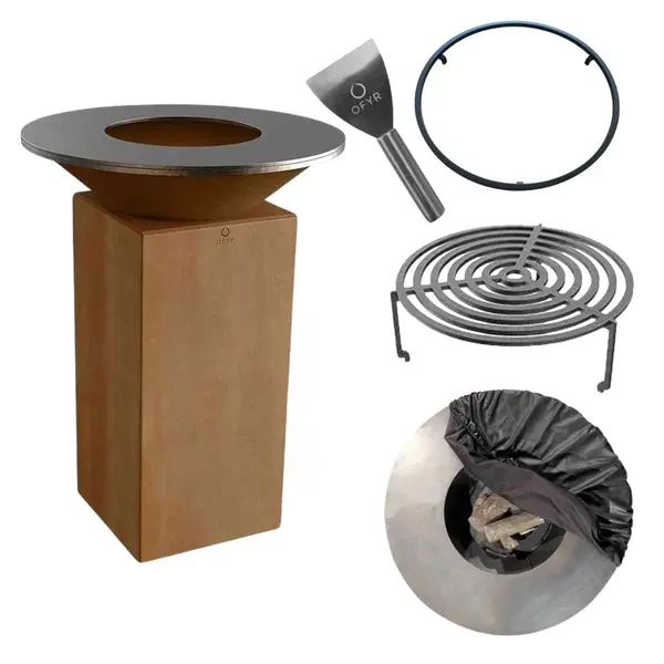 Set Gratar OFYR ORIGINAL Corten 75cm cu plita grosime mare pe lemne + Grilaj + Husa + Racleta + Cleste + Spatula + Bricheti