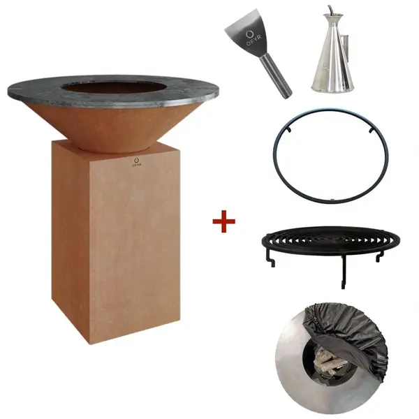Set Gratar OFYR Original Corten 85cm Premium cu plita grosime mare pe lemne + Grilaj + Husa + Racleta + Spatula + Inel oprire + Cana ulei