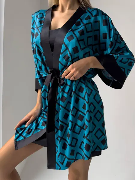 Set Halat & Camasa de noapte „Geometric Glam” – 2301395, Negru / Turcoaz