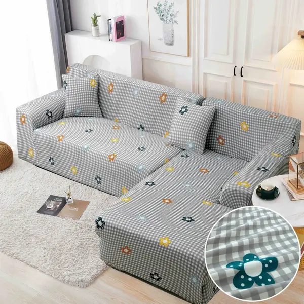 Set husa pentru coltar M + L, Elastica, Jojo Home, Gri, flori