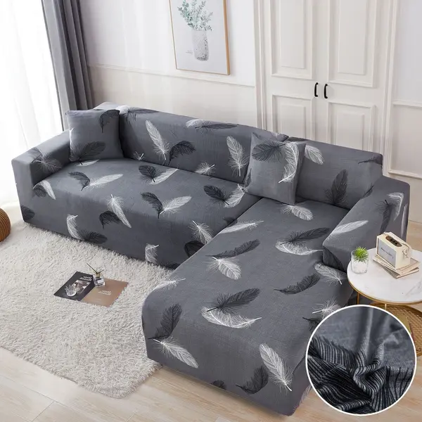 Set husa pentru coltar M + L, Elastica, Jojo Home, Gri-Negru, pene