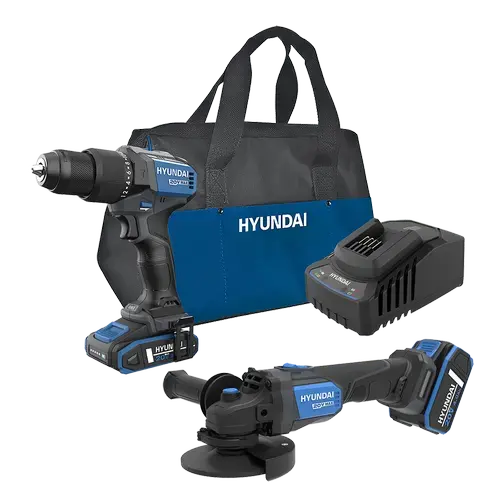 Set Hyundai HD20X-60, masina de gaurit si insurubat cu percutie + polizor unghiular + incarcator