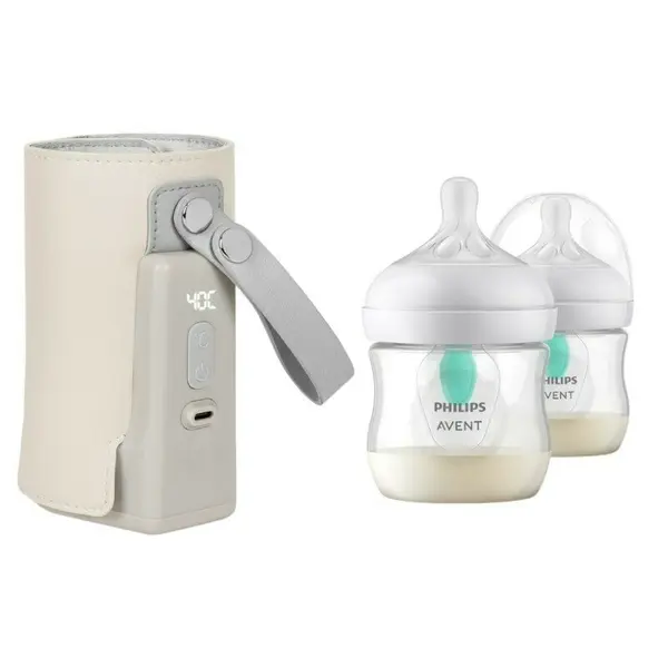 Set incalzitor biberoane, Lionelo, ThermUp Go Plus, portabil, USB, Bej + 2x biberoane, Philips Avent, Cu supapa AirFree, 0 luni+, 125 ml, Alb