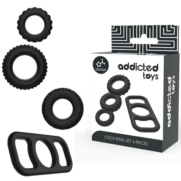 Set inele pentru penis Addicted Toys din silicon flexibil pentru susținerea erecției și intensificarea plăcerii, 4 piese