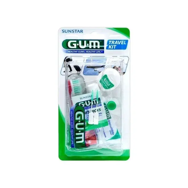 Set Ingrijire Orala, Gum, Travel Kit, pentru Gingii Sensibile, Compatibil cu Aparatul Dentar, Culoare Rosie, 4 Produse