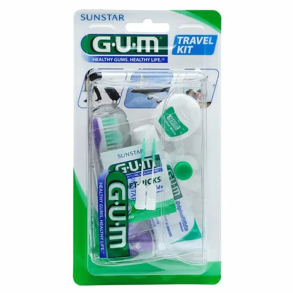 Set Ingrijire Orala, Gum, Travel Kit, pentru Gingii Sensibile, Compatibil cu Aparatul Dentar, Culoare Mov, 4 produse