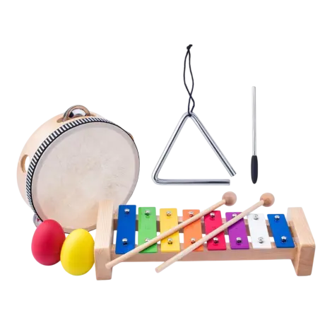 Set Instrumente Muzicale din Lemn Eco Woody 91893 Triunghi, xilofon, tamburina, 2 maracas