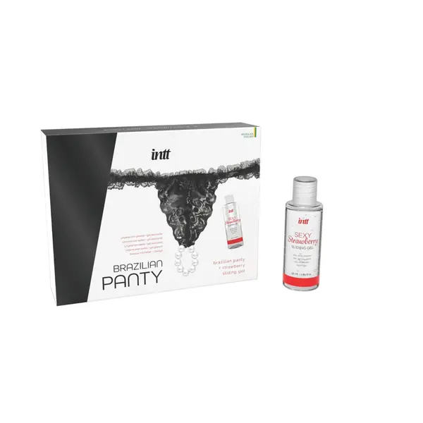 Set INTT – Brazilian Panty Black, chilot din dantelă neagră cu inel de Perle stimulatoare, mărime universală, si lubrifiant cu aromă de căpșuni, 50 ml