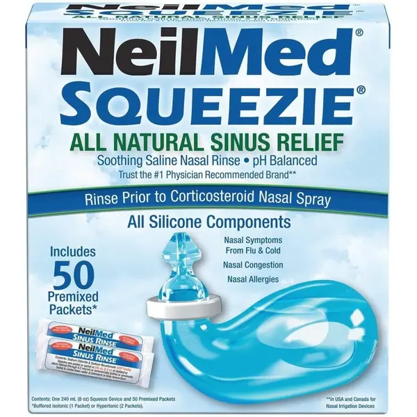 Set Irigator Nazal si Solutie Salina, NeilMed, Squeeze, Forma Compacta, Curatare Sinusuri si Nas, 240ml, 50 plicuri x 2.4gr