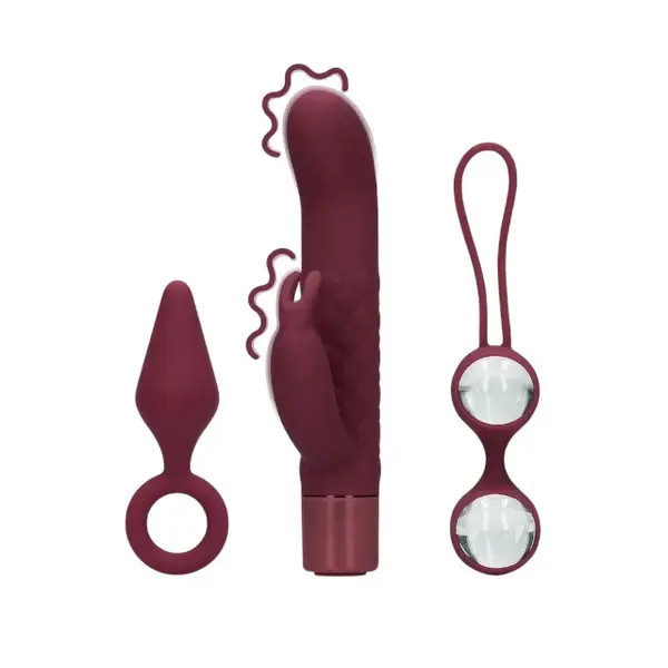 Set jucării LOVELINE (S)Explore Toy Kit For Her, cutie cadou cu vibrator rabbit mini, plug anal și bile kegel, culoare roșu