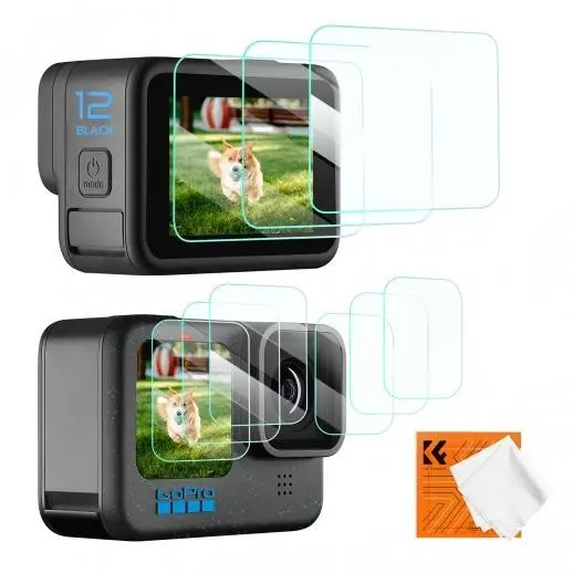 Set K&F pentru GoPro Hero9/10/11/12: 3 folii protecție ecran și 1 lavetă de curățare.