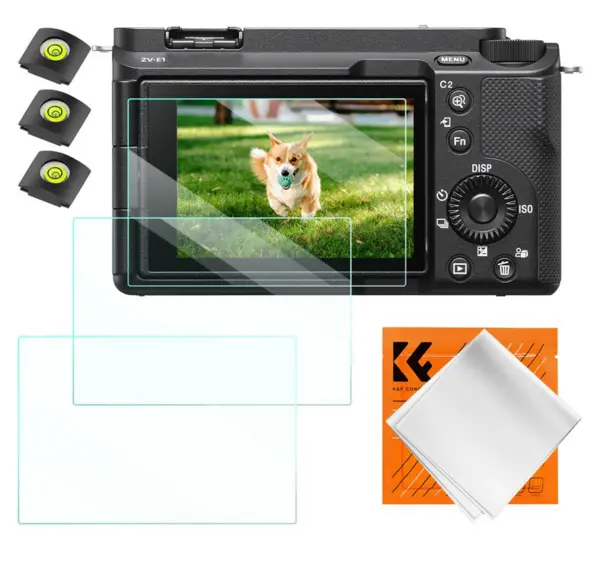 Set K&F pentru Sony ZV-E1, A7 IV, A6700, A7CII: 3 folii protecție ecran, 3 nivele hot-shoe și lavetă de curățare vacuum.