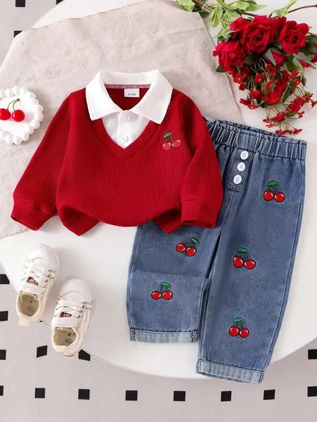 Set la modă pentru bebeluși, broderie cu cireșe - rosu / 18-24luni