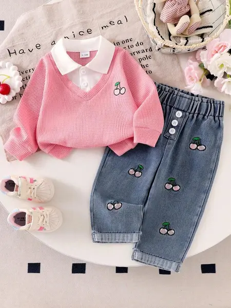 Set la modă pentru bebeluși, broderie cu cireșe - roz / 18-24luni