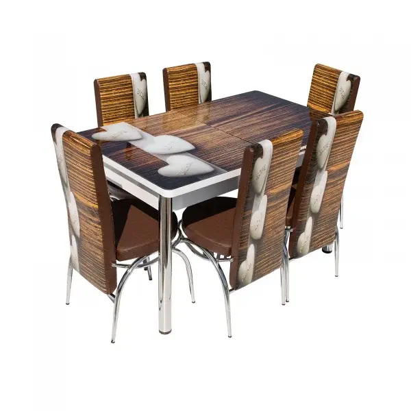 Set Lara, masa extensibila cu 6 scaune print, maro inimi, 130 165x80x79 cm
